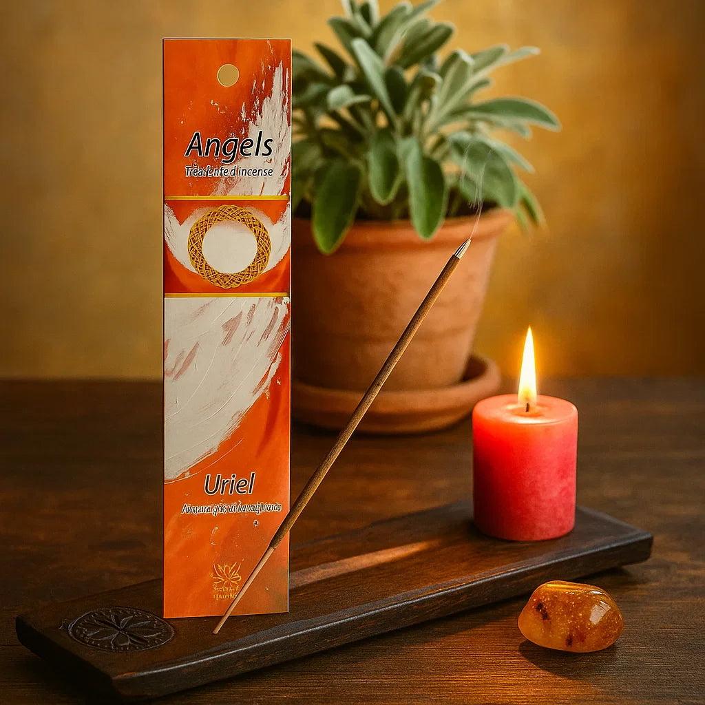 Encens Archange Uriel pour clarté mentale et guidance spirituelle sur porte-encens en bois