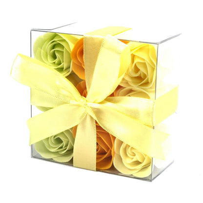 Boîte de 9 roses de savon jaune/orange/vert