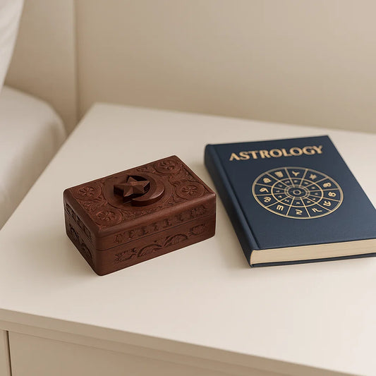 Boite à tarot ou bijoux étoile et lune bois sculpté