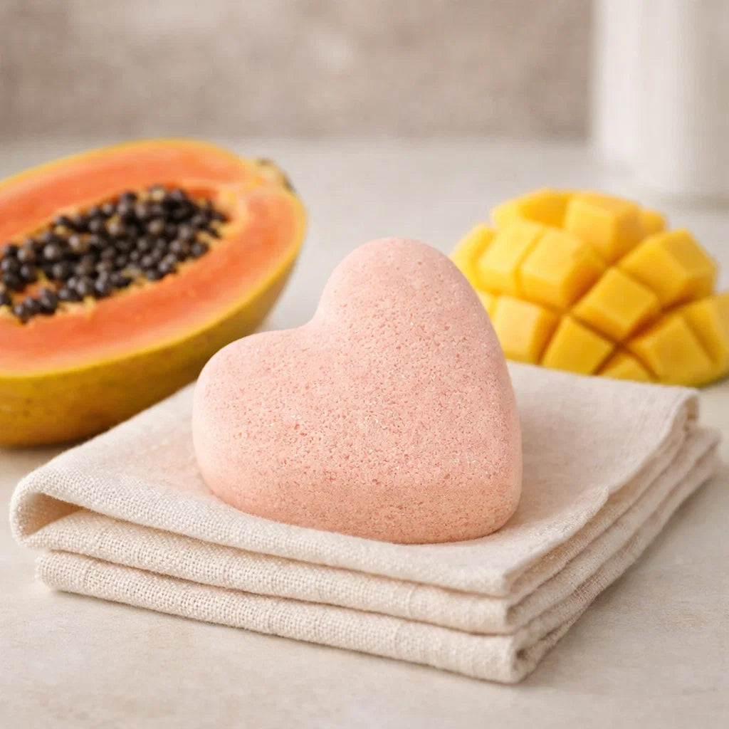 Bombe de bain cœur parfum fruit de la passion, senteur fruitée pour un moment détente