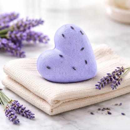 Bombe de bain cœur à la lavande, idéale pour un bain relaxant et anti-stress