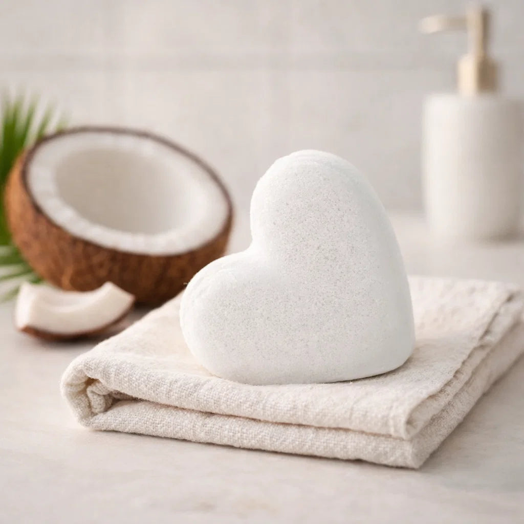 Bombe de bain cœur parfum noix de coco, expérience sensorielle exotique et apaisante