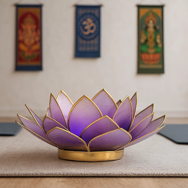 Bougeoir lotus violet bords dores