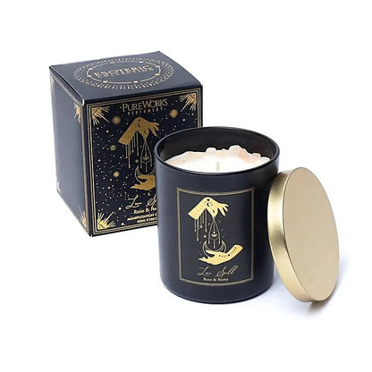 Bougie Love Spell 50h en verre noir avec couvercle doré – ambiance bien-être et intention amour