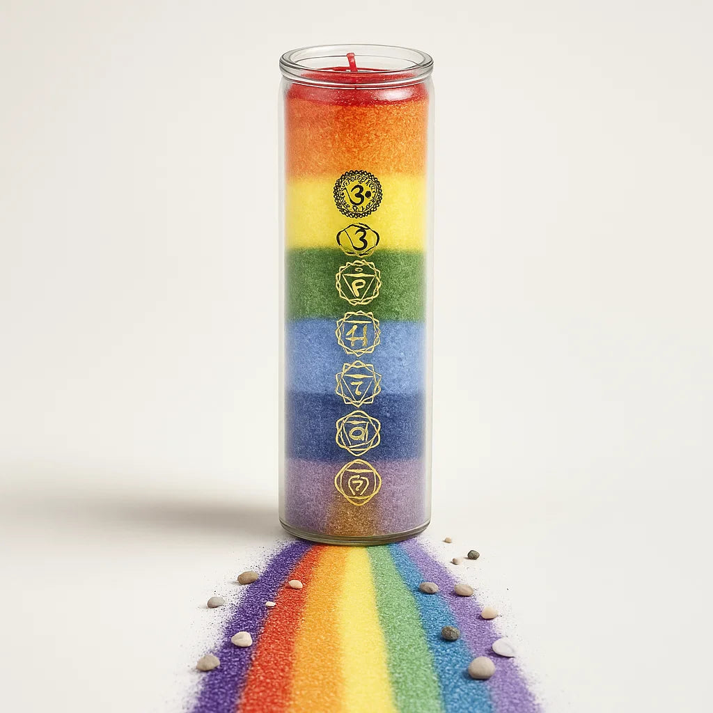 Bougie 7 chakras multicolore en verre pour harmonisation énergétique et décoration bien-être
