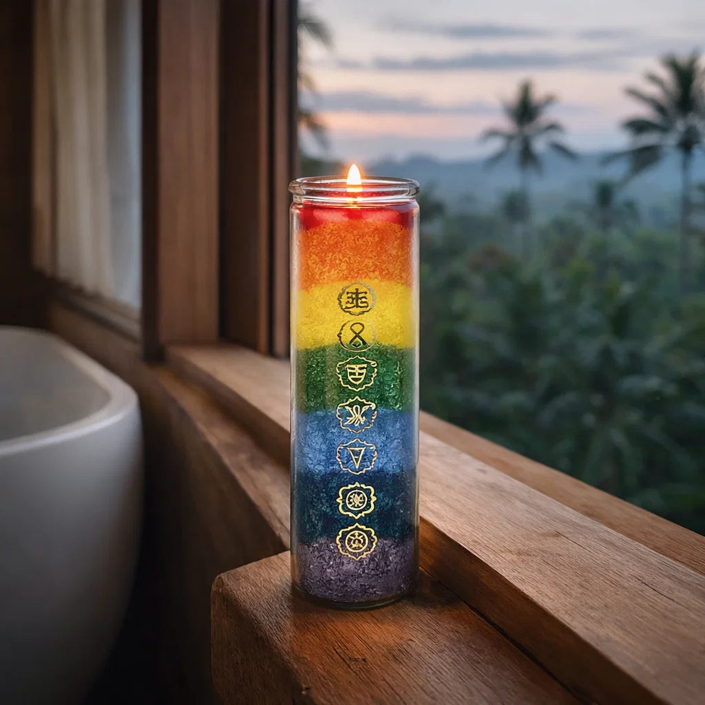 Bougie 7 chakras allumée pour méditation, relaxation et ambiance zen à la maison