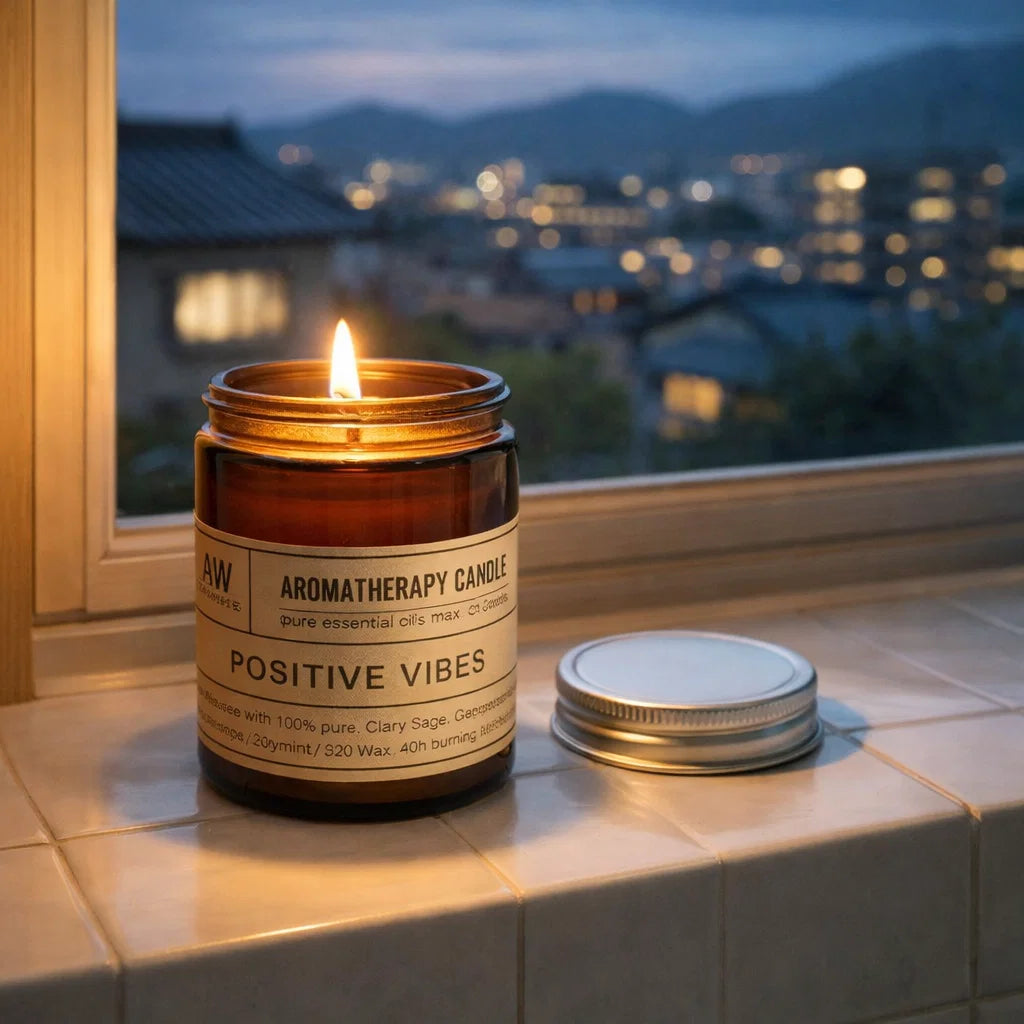 Bougie aromathérapie Positive Vibes allumée dans une salle de bain, créant une atmosphère zen propice à la détente et au bien-être