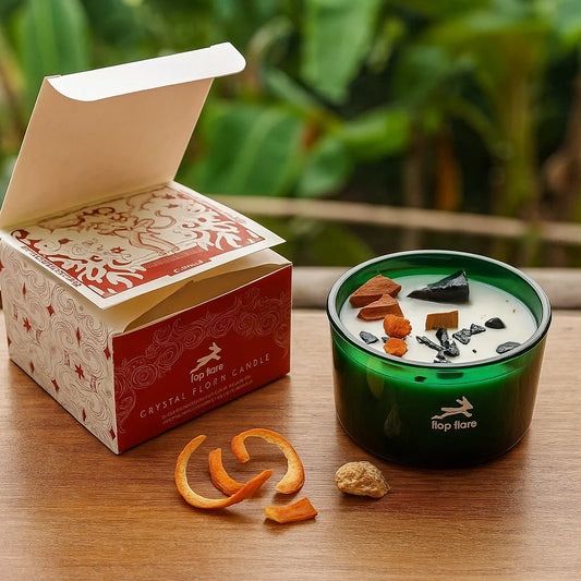 Bougie fleur magique en cristal Hop Hare Le Diable avec jaspe rouge et agate noire dans verre vert foncé