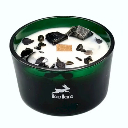 Bougie magique en cristal Le Chevalier des Épées décorée de fleurs séchées et gemmes obsidienne pour purifier les énergies