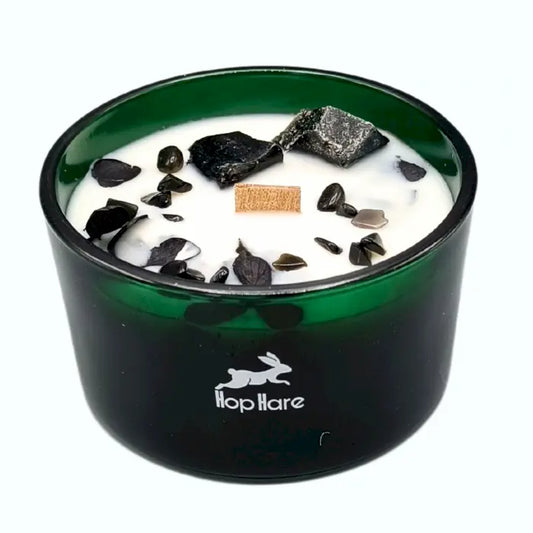 Bougie magique en cristal Le Chevalier des Épées décorée de fleurs séchées et gemmes obsidienne pour purifier les énergies