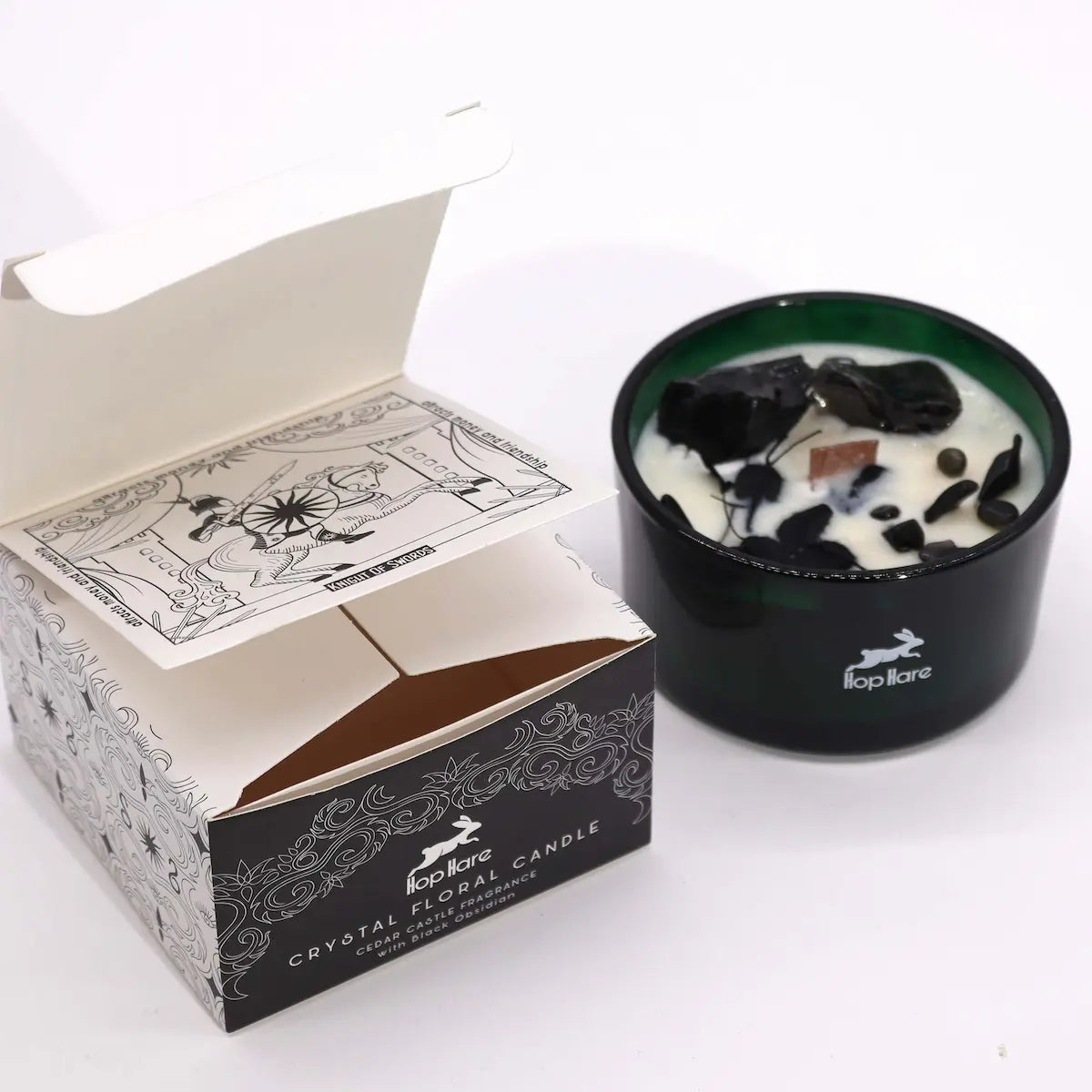 Bougie fleur magique en cristal Le Chevalier des Épées avec gemmes obsidienne noire dans verre vert foncé