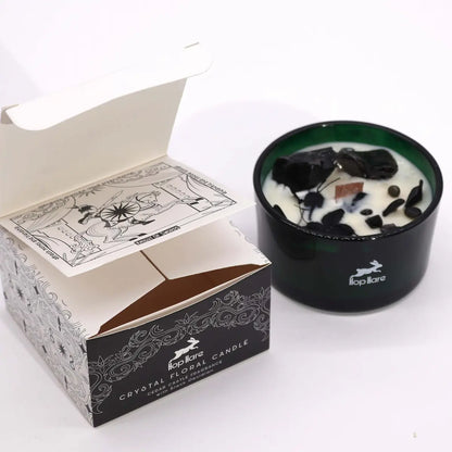 Bougie fleur magique en cristal Le Chevalier des Épées avec gemmes obsidienne noire dans verre vert foncé