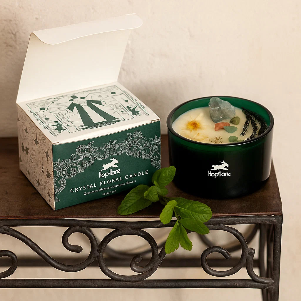 Bougie fleur magique en cristal Hop Hare Le Magicien avec pierre de jade et fleurs séchées dans verre vert