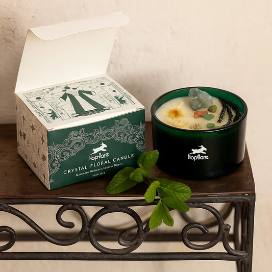 Bougie fleur magique en cristal Hop Hare Le Magicien avec pierre de jade et fleurs séchées dans verre vert
