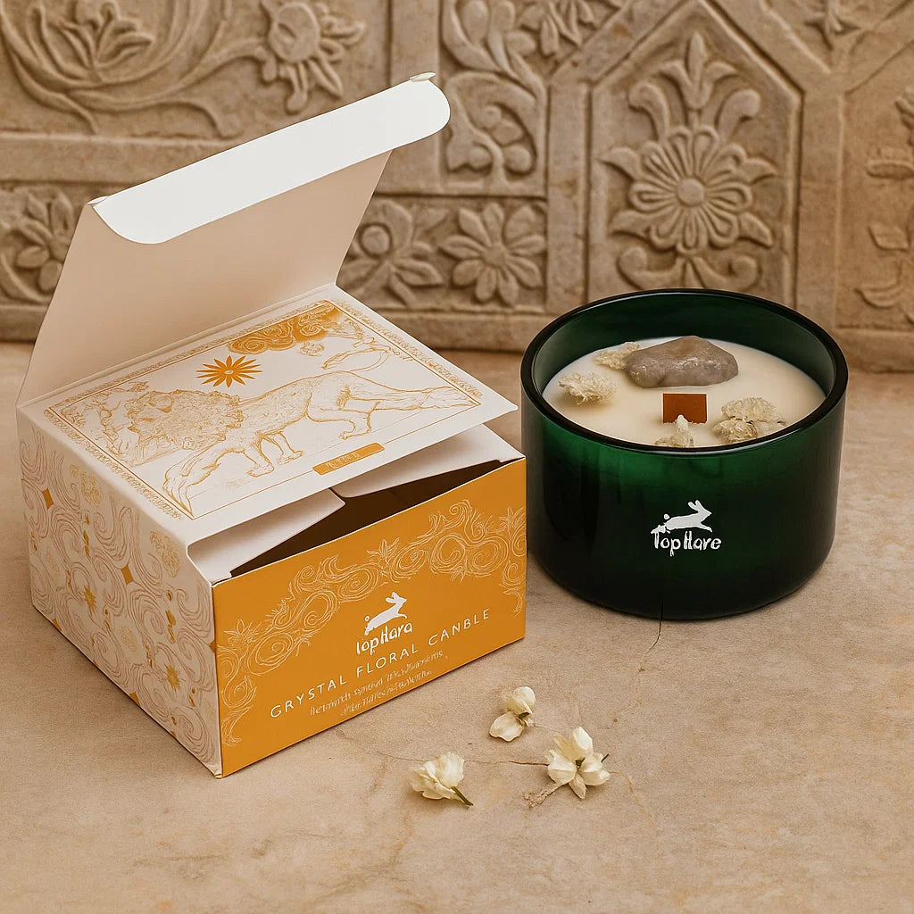 Bougie fleur magique en cristal Hop Hare Le Lion avec quartz clair et fleurs séchées dans verre vert foncé