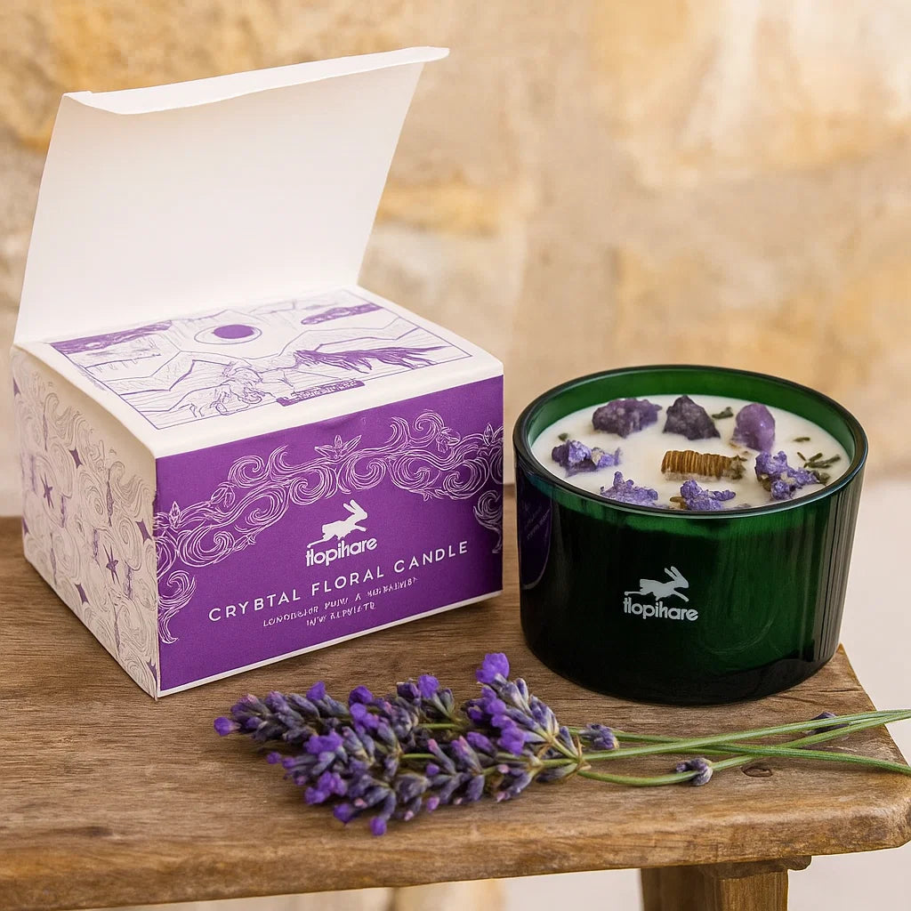 Bougie magique Hop Hare La Lune avec gemmes améthyste et fleurs de lavande dans verre vert foncé