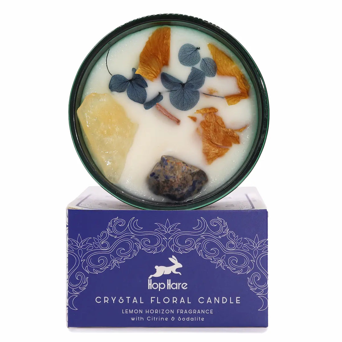 Bougie fleur magique en cristal Hop Hare Le Soleil avec gemmes citrine et sodalite dans verre vert
