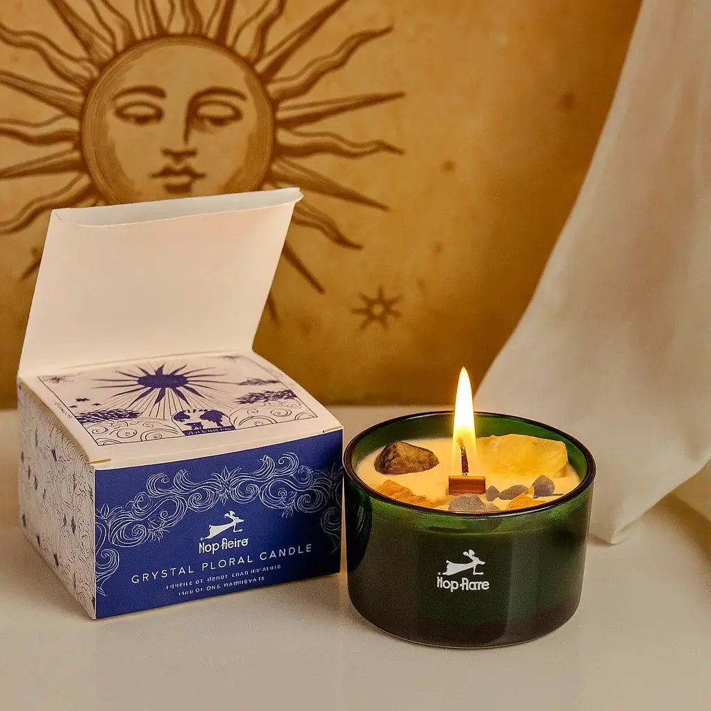 Bougie ésotérique Hop Hare Le Soleil allumée mèche en bois crépitante ambiance ensoleillée et joyeuse