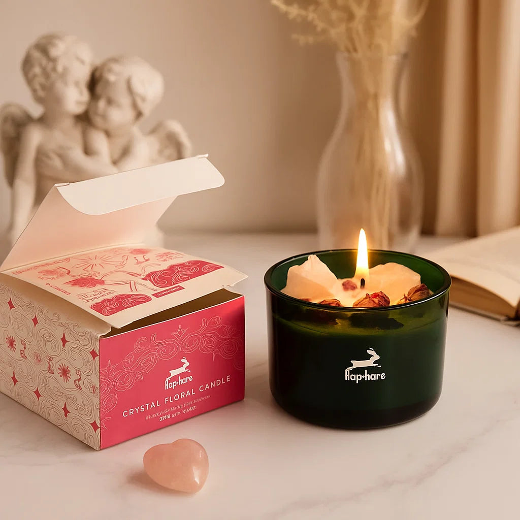 Bougie Magique Cristal Les Amoureux avec quartz rose et parfum Rose du Maroc