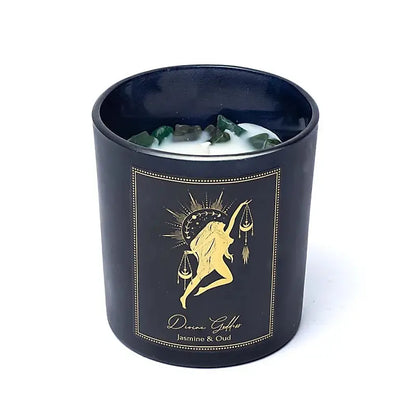 Bougie d’intention Divine Goddess en verre noir, parfum jasmin et oud avec pierres naturelles