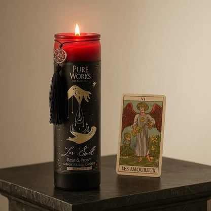 Bougie d’intention parfumée Love Spell, rituel de manifestation amoureuse avec carte de tarot Les Amoureux