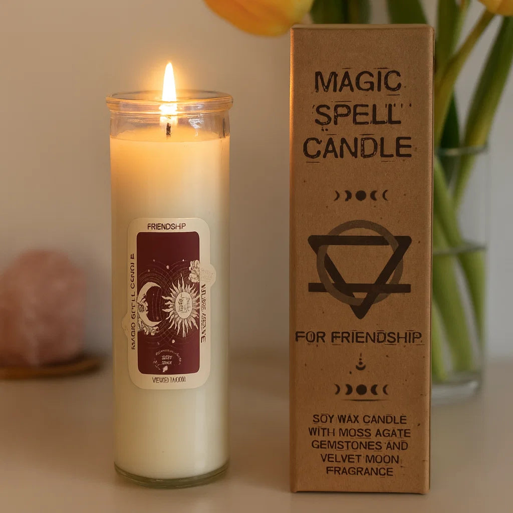 Bougie magique Amitié avec pierres naturelles – rituel pour renforcer les liens et attirer des relations sincères