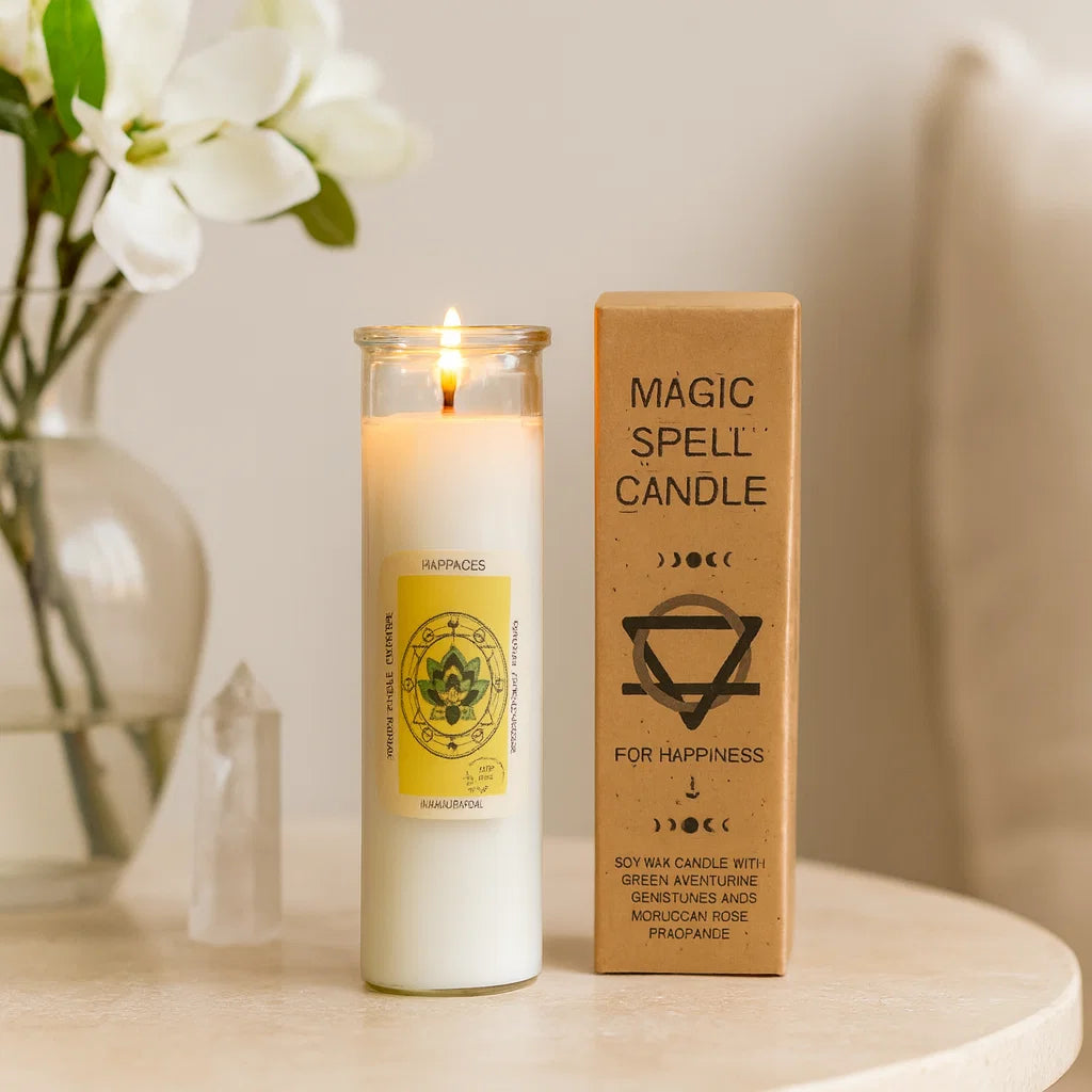 Bougie magique Bonheur avec pierres naturelles – élever la joie et attirer les ondes positives