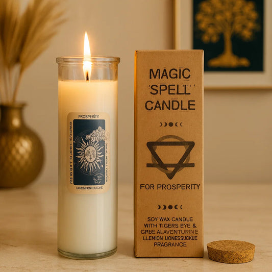 Bougie magique Prospérité avec pierres naturelles – attirer l’abondance et les opportunités financières