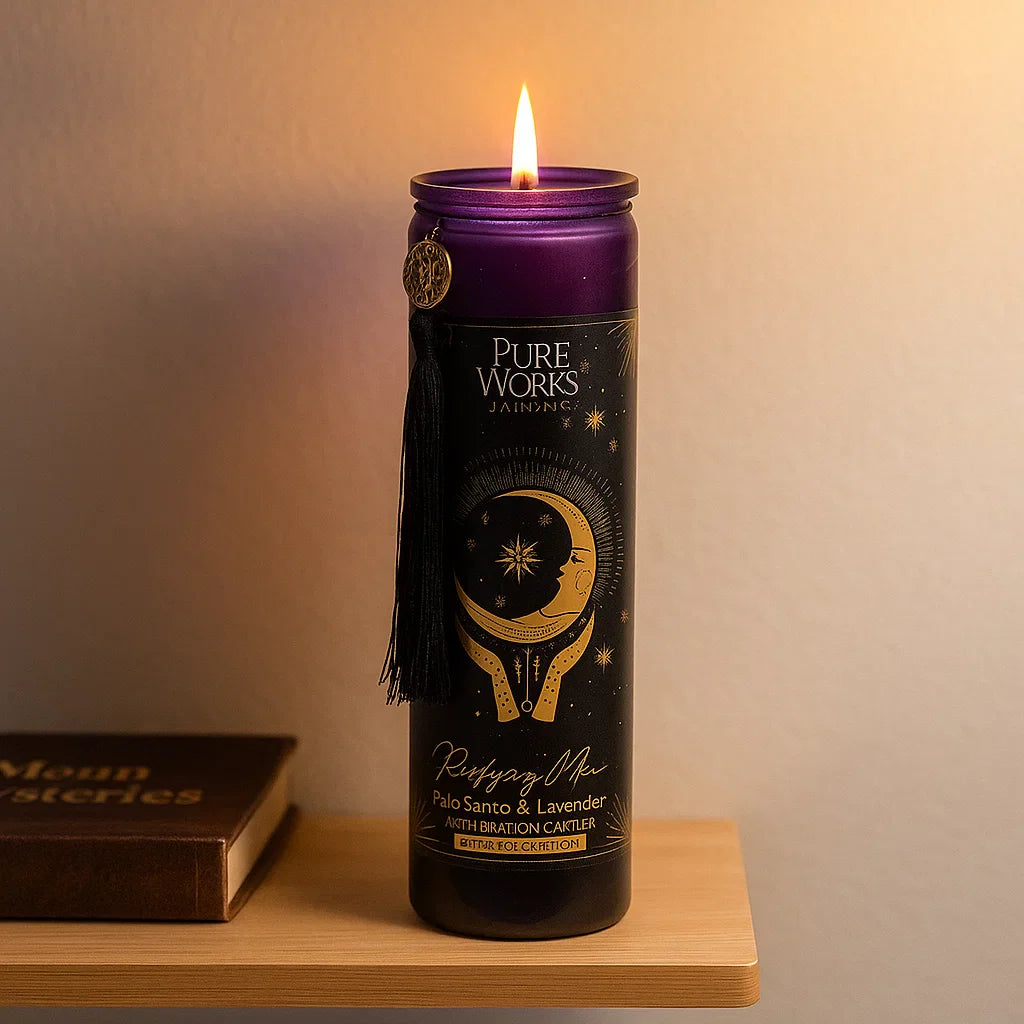 Bougie parfumée vibrations magiques avec motif lune – ambiance spirituelle et apaisante