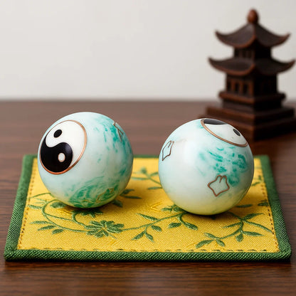 Boules de santé Qi Gong Yin et Yang marbré vert - 4 cm