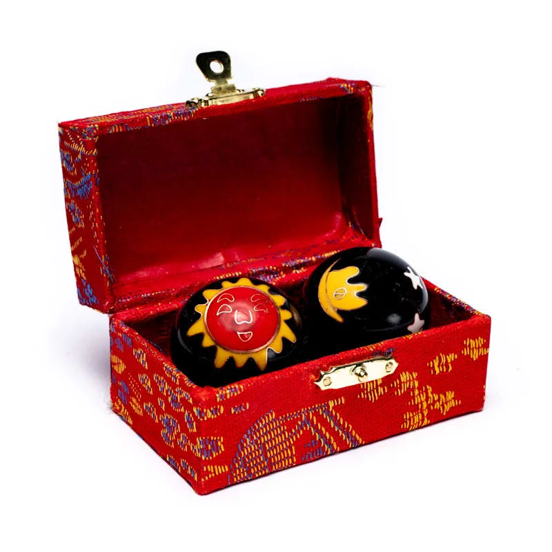 Coffret de boules de santé Qi Gong Soleil et Lune en jaune, rouge et noir, accessoires bien-être et méditation