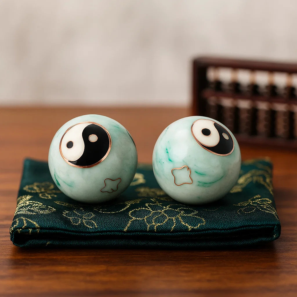 Boules de santé Qi Gong Yin et Yang marbré vert - 3.5 cm