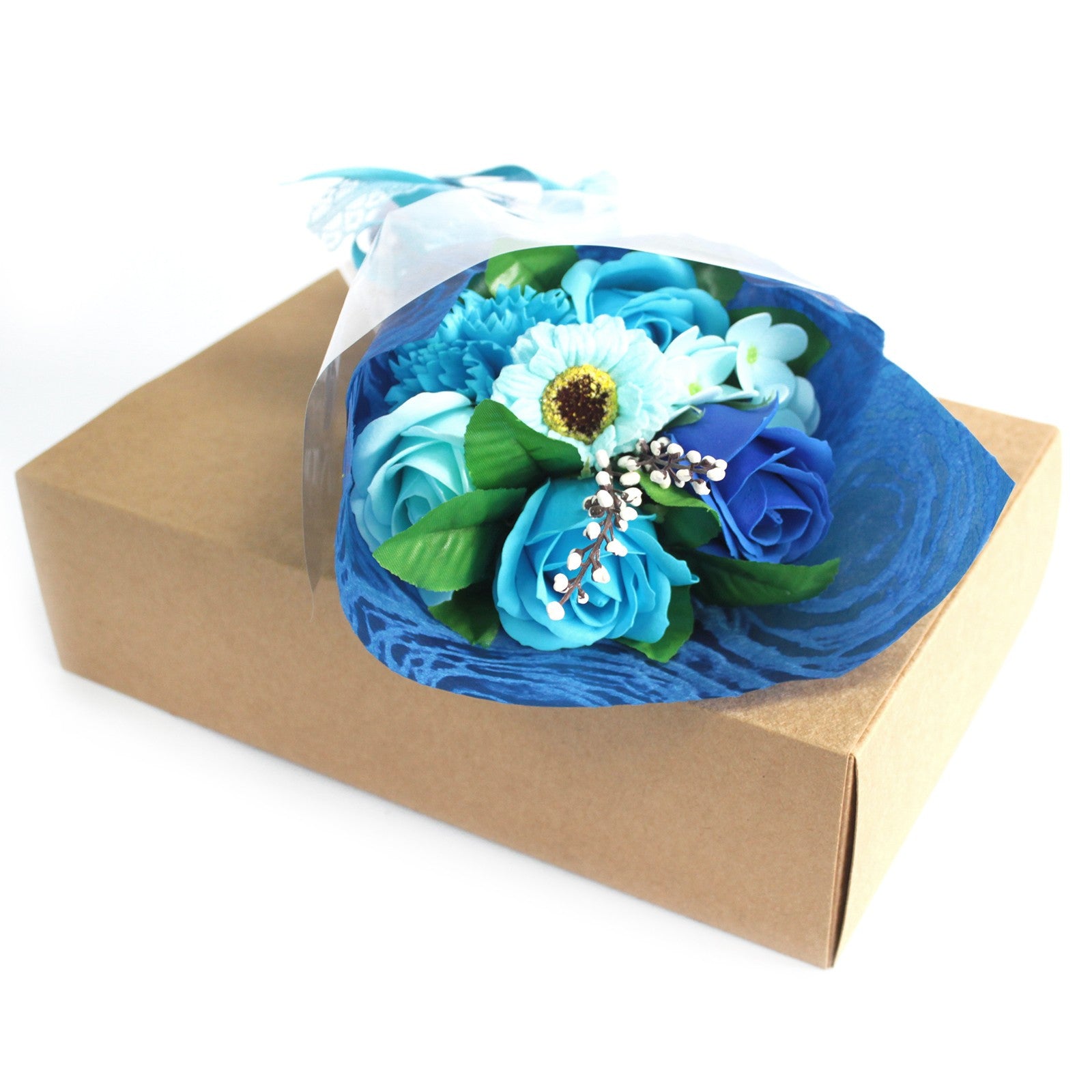 Bouquet de Fleurs de savon Bleu sur son coffret