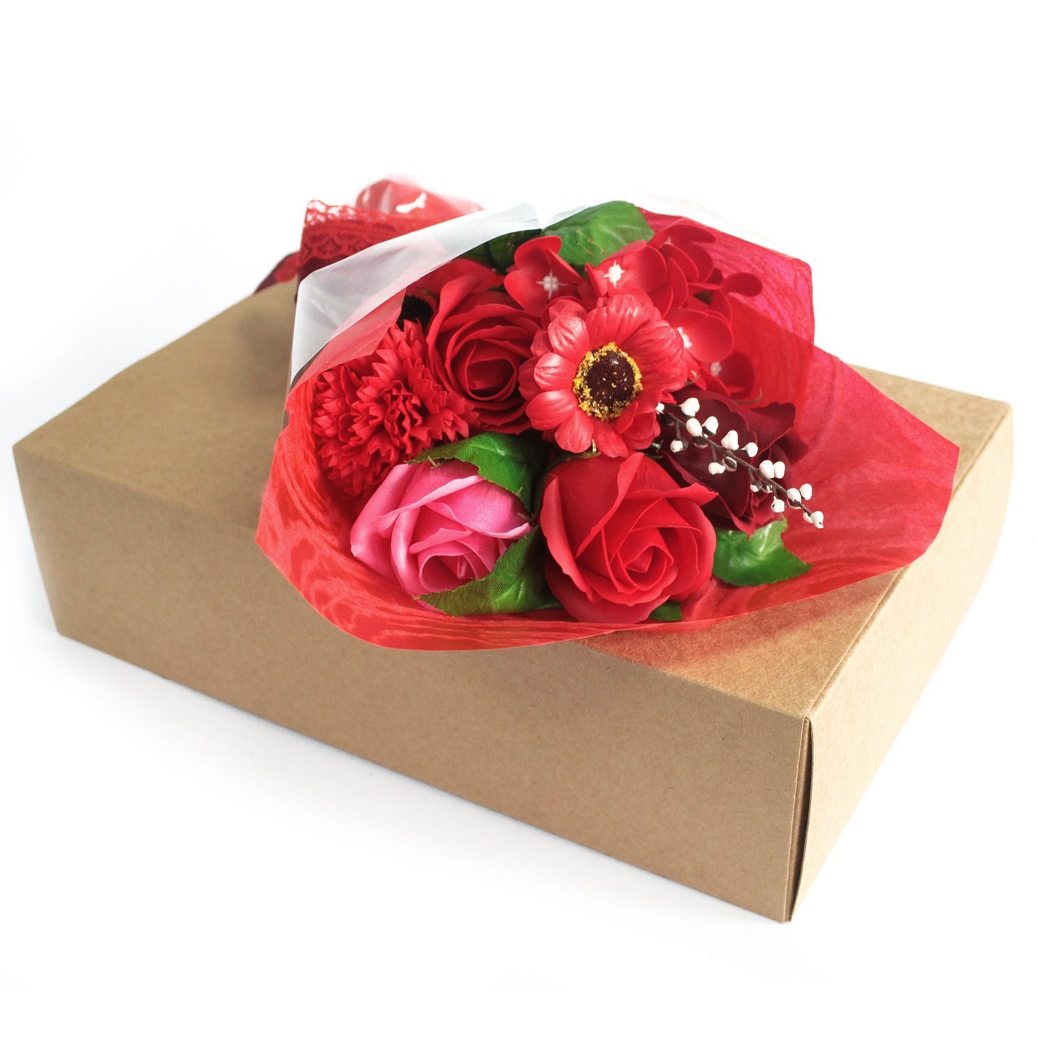 Bouquet de Fleurs de savon Rouge sur son coffret
