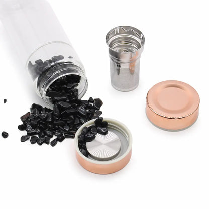 Bouteille infuseur Onyx démontée avec filtre, compartiment pierres et verre borosilicate