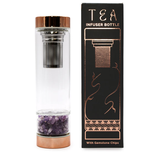 Bouteille infuseur à thés en verre avec pierres d’améthyste naturelles et packaging élégant