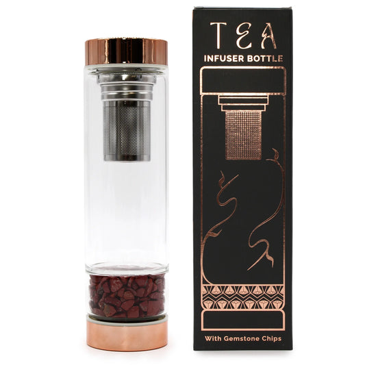 Bouteille infuseur à thés en verre avec pierres de jaspe rouge et packaging élégant