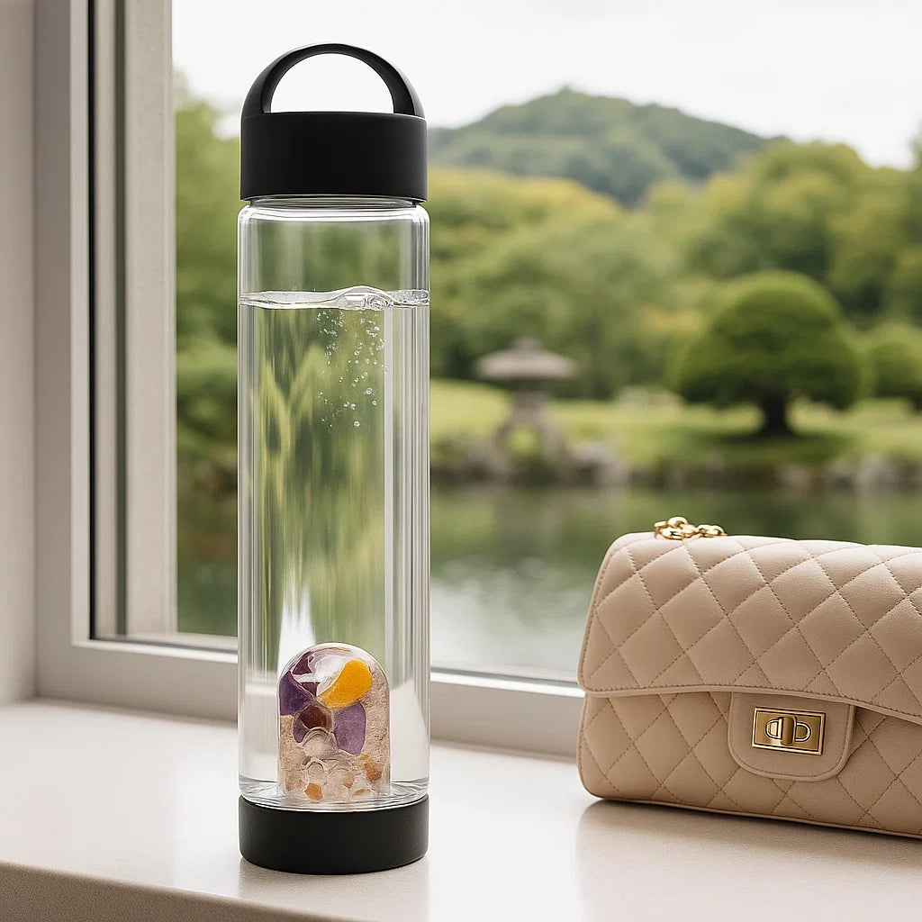 Gourde Vitajuwel Via Prana Noire 500 ml en verre borosilicate avec boucle silicone noir et cristaux Prana Astroya