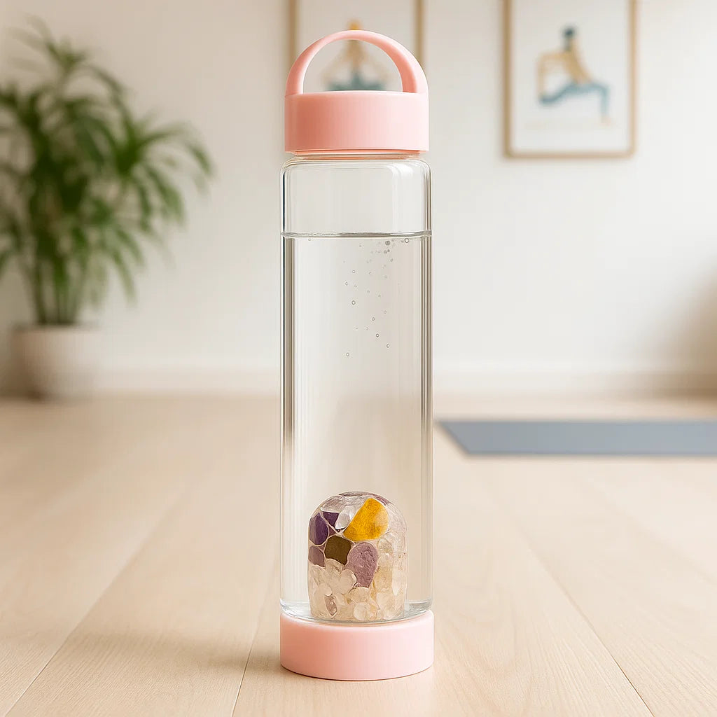 Gourde Vitajuwel Via Prana Rose 500 ml en verre borosilicate avec boucle silicone rose poudré et cristaux Prana Astroya
