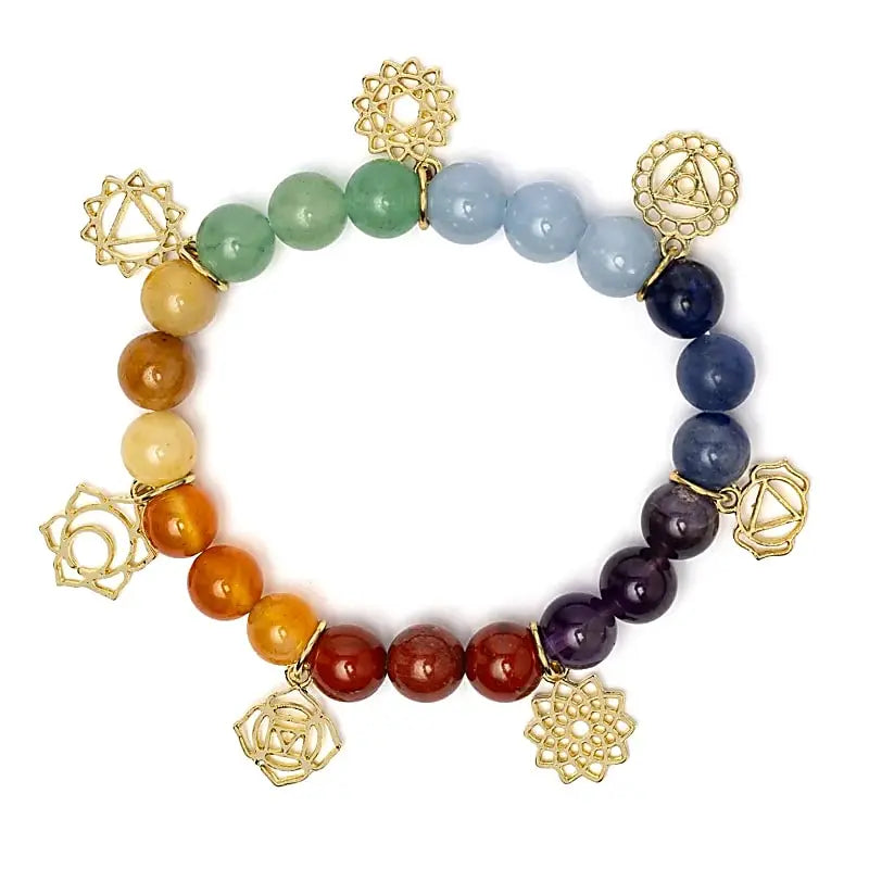 Bracelet pierres des chakras 7 cm avec breloques symboles des 7 chakras en métal