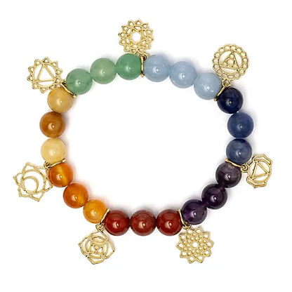 Bracelet pierres des chakras 7 cm avec breloques symboles des 7 chakras en métal