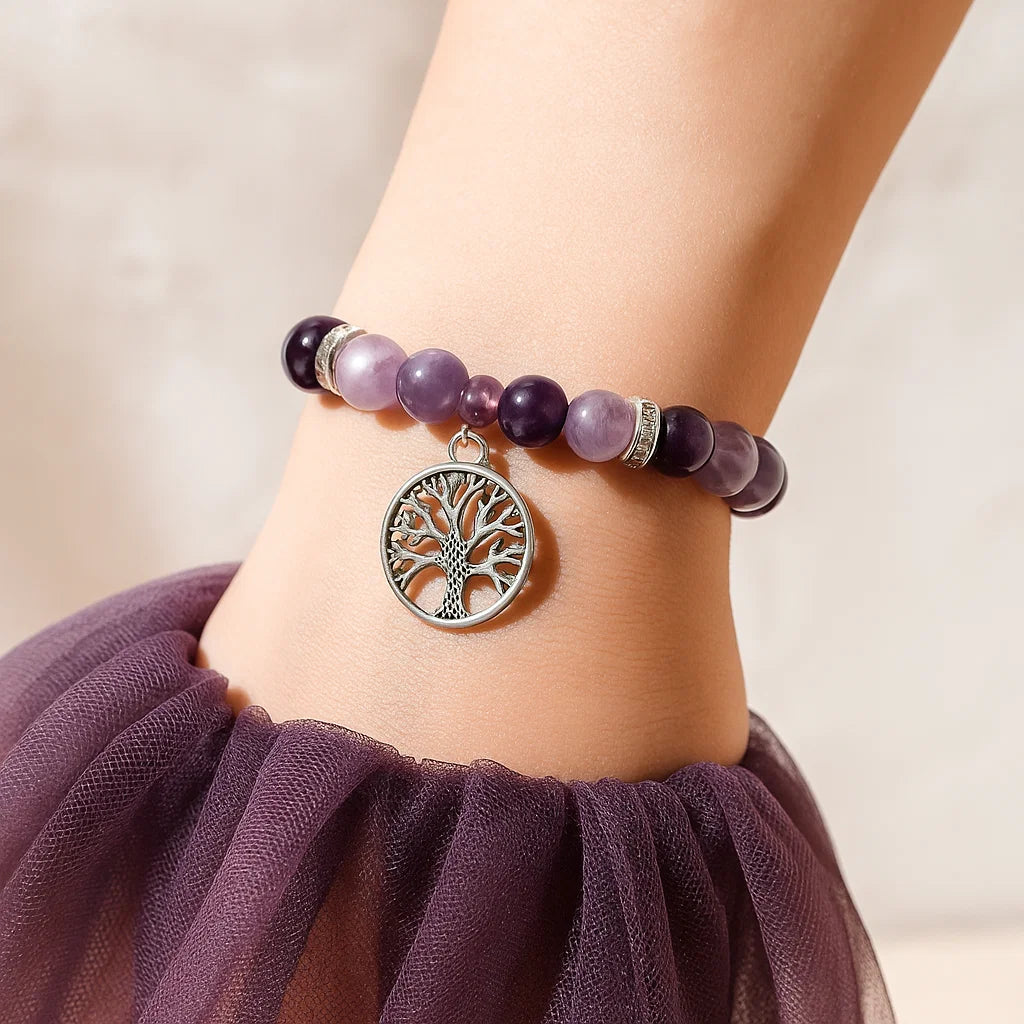 Bracelet fluorite et amethyste avec charm arbre de vie