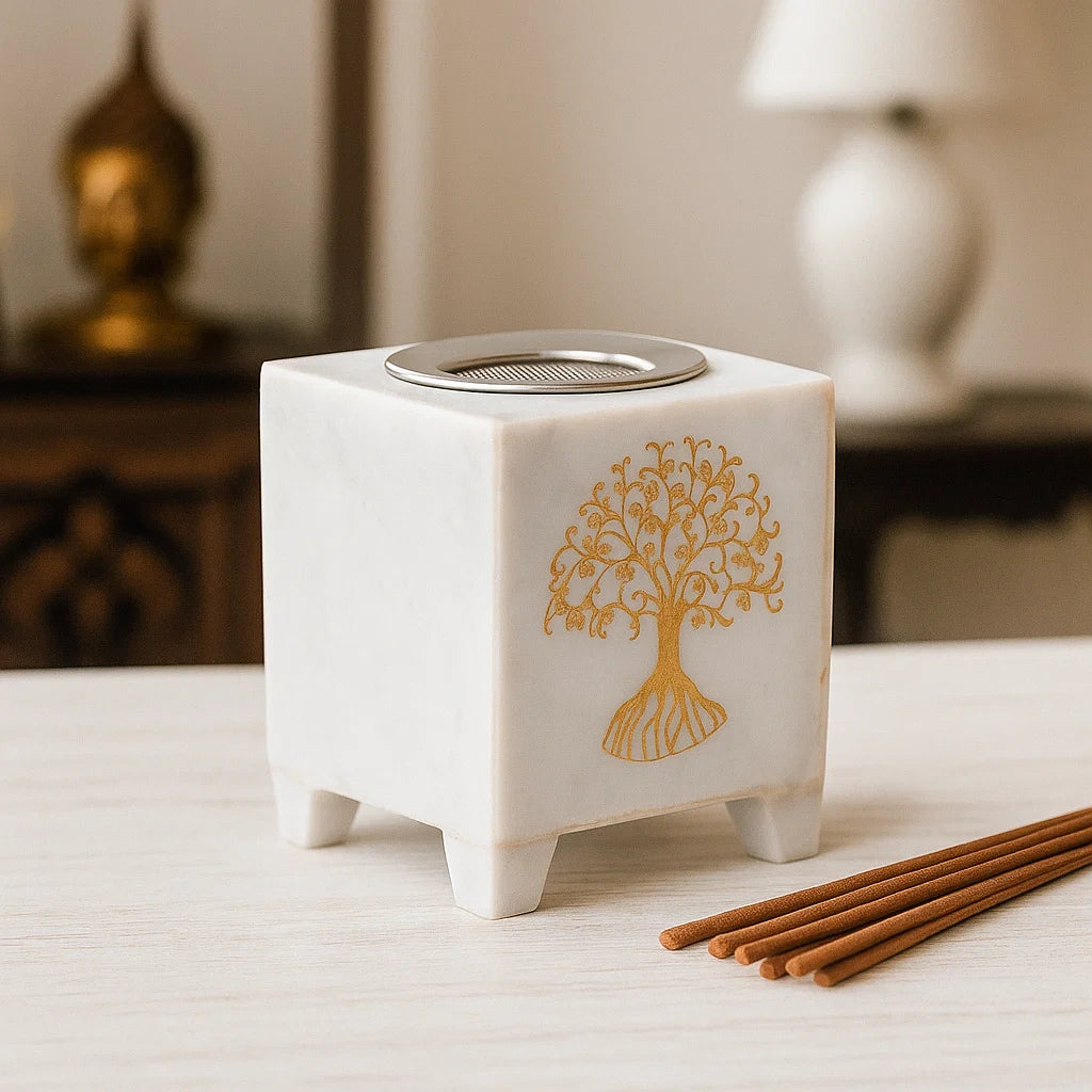 Brûleur encens en marbre blanc - Arbre de Vie