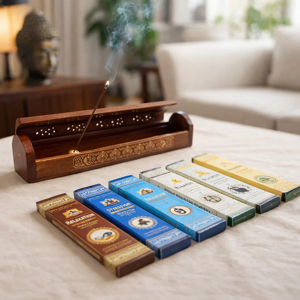 Coffret encens 7 chakras avec brûle-encens en bois et encens ayurvédiques pour méditation et relaxation