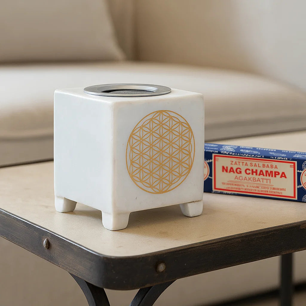 Brûleur encens en marbre blanc - Fleur de Vie