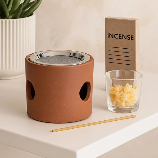Brûleur d'encens terre cuite + tamis inox