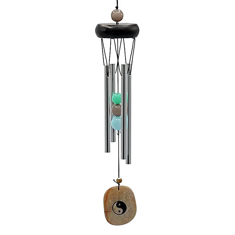 Carillon à vent 4 tubes en aluminium et bois avec perles et symbole Yin Yang - 35 cm