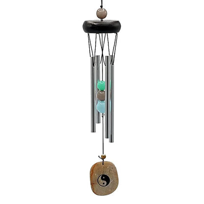 Carillon à vent 4 tubes en aluminium et bois avec perles et symbole Yin Yang - 35 cm