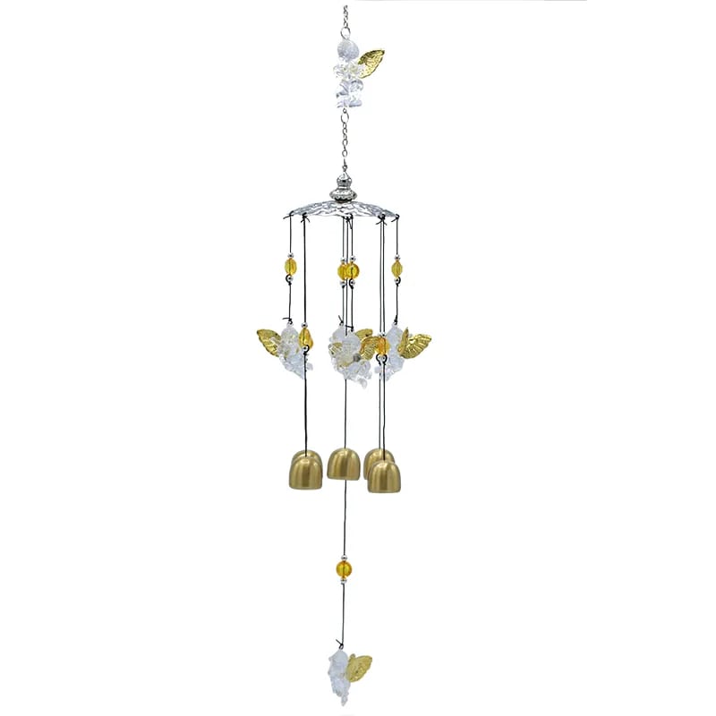 Carillon à vent 5 anges en métal argenté de 65 cm pour décoration zen et spirituelle