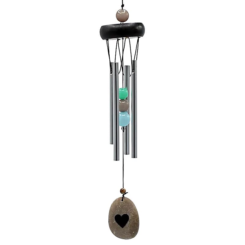 Carillon à vent décoratif en aluminium et bois avec perles et cœur, 4 tubes, 35 cm – Feng Shui et harmonie pour la maison